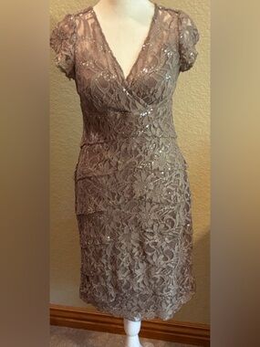 Taupe Cap Sleeve V-Neck Sheath Mini Dress.  Sequins.  Worn once